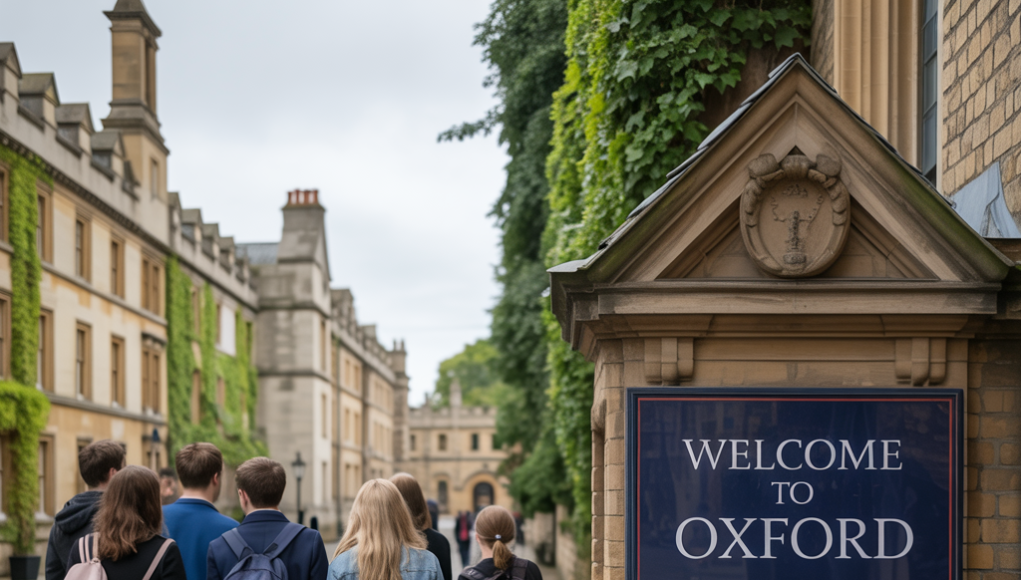 A Promising Escape 10,000 US Students Head to UK Universities Amid Trump-Era Tensions Students walking to Oxford University, sign of study abroad program can be seen.