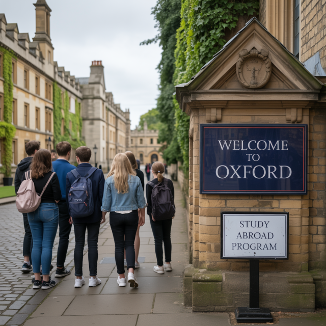 A Promising Escape 10,000 US Students Head to UK Universities Amid Trump-Era Tensions Students walking to Oxford University, sign of study abroad program can be seen.