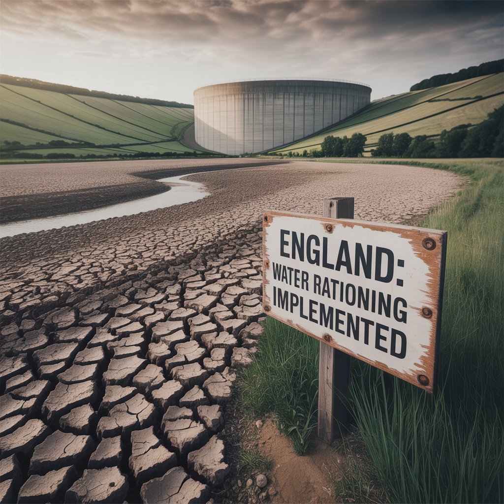 Empty reservoir in England with cracked earth, highlighting severe water scarcity risk due to lack of new water storage infrastructure.