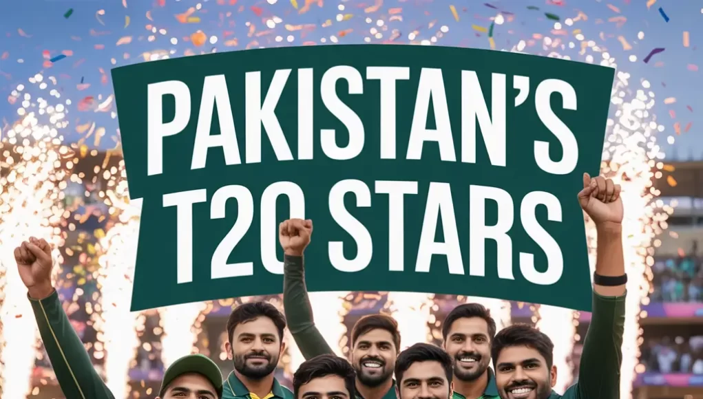 Agha Salman and Hasan Ali celebrate Pakistan’s victory over Bangladesh in the first T20 match at Gaddafi Stadium, Lahore.