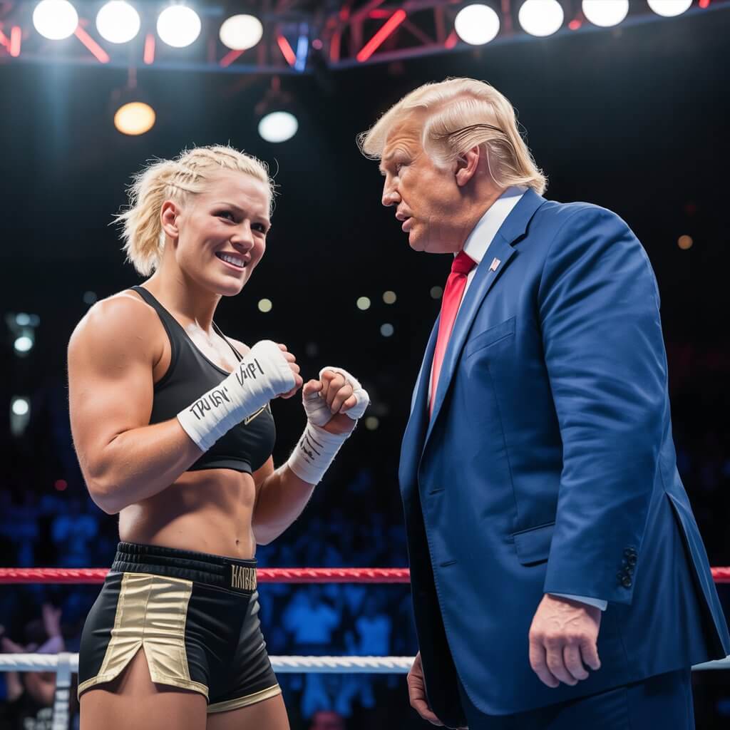 UFC champion Kayla Harrison gets surprised by a gesture of Donald Trump at UFC 316.