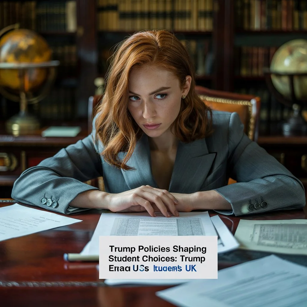 Anxious student looking at papers regarding Trump-era US students education trends in the UK.