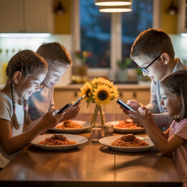 a-photograph-depicting-a-family-dinner-s_DpYepvzrSvmQ6U_0IsxghQ_3roZFaeTRuqZtVjynG3SJQ-2 Children at dinner time ,lost in their phones ,not having meal