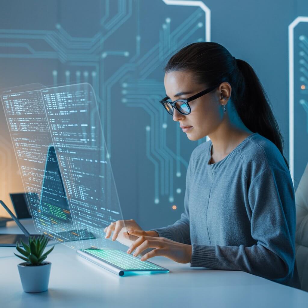 An individual with a futuristic touch screen interface that shows information and AI icons.