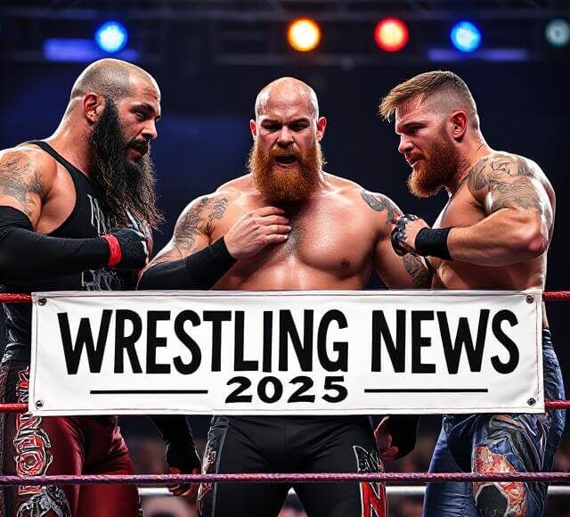 4e8d8748-ee68-4442-8b42-4cbf6b3ed4a7 It is a heated moment of three serious wrestlers in the ring under a banner of Wrestling News 2025.