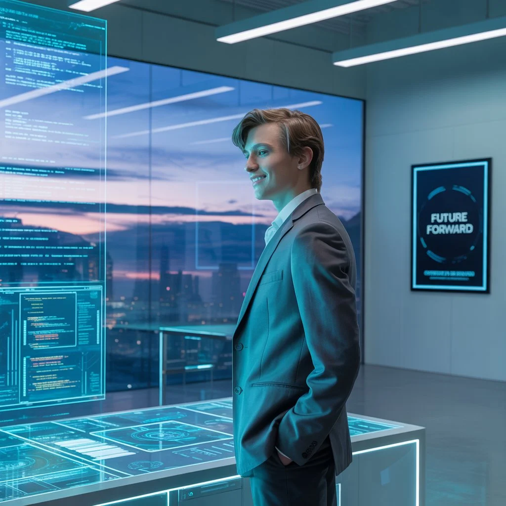 As an example of Barron Trump tech interests, there is a young suited gentleman, posing in a modern technological laboratory, tapping on transparent screens of code and information under a poster that says Future Forward. 