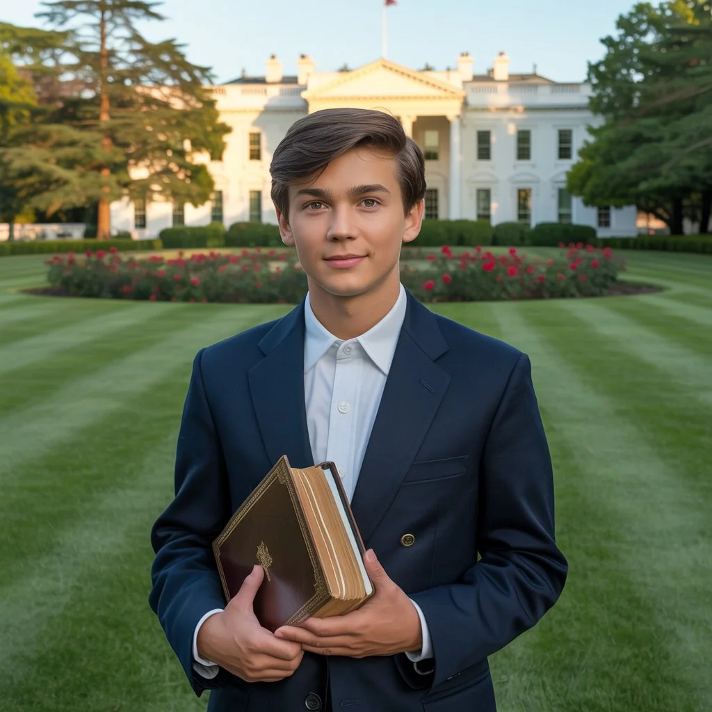 Young man dressed in a formal suit stands on the White House lawn holding a book—symbolizing Barron Trump tech interests amid a backdrop of flowers and trees.

