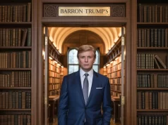 Barron Trump: The Personal Life and Emerging Publicity of the Youngest Son of Donald Trump The picture shows a young man wearing a sharp blue suit standing confidently in a fancy library hallway under the sign that says "Barron Trump s" with shelves of classic books around him.