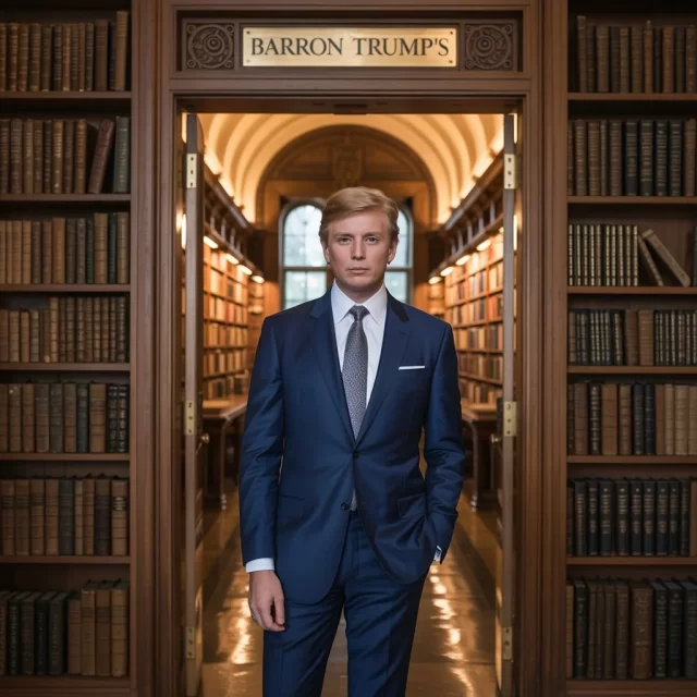 The picture shows a young man wearing a sharp blue suit standing confidently in a fancy library hallway under the sign that says "Barron Trump s" with shelves of classic books around him.