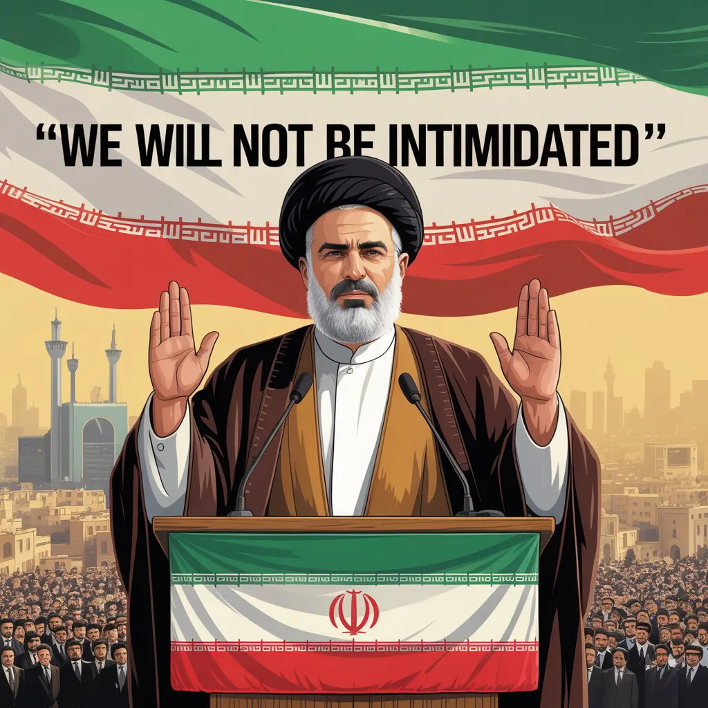 Iranian leader at the podium with his hands raised, the Iranian flag and a quote We Will Not Be Intimidated in the background.
