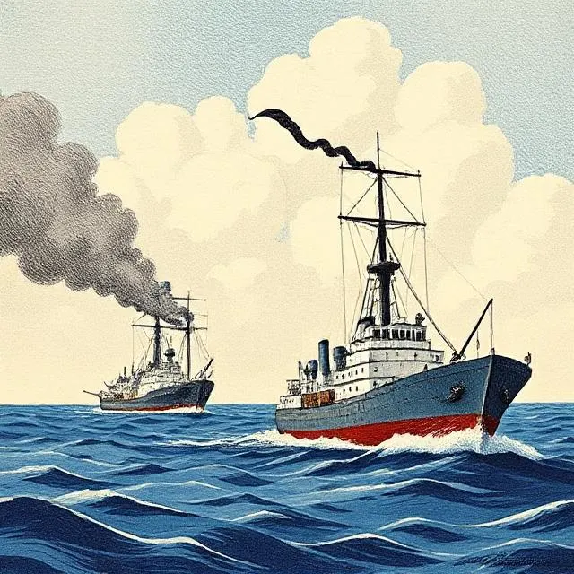 Two old navy vessels cruise in the ocean, and they are releasing smoke in a cloudy sky.