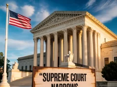 A Pivotal Victory: Supreme Court Narrows Injunction Power, Bolstering Trump’s Birthright Citizenship Order Supreme Court building with a sign on it which says Supreme Court Narrows Injunction Power.