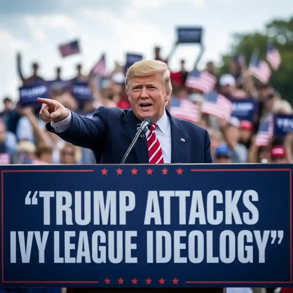 Donald Trump addresses a rally, gesturing towards a podium which reads Trump Attacks Ivy League Ideology, and a cheering crowd full of American flags in the background.
