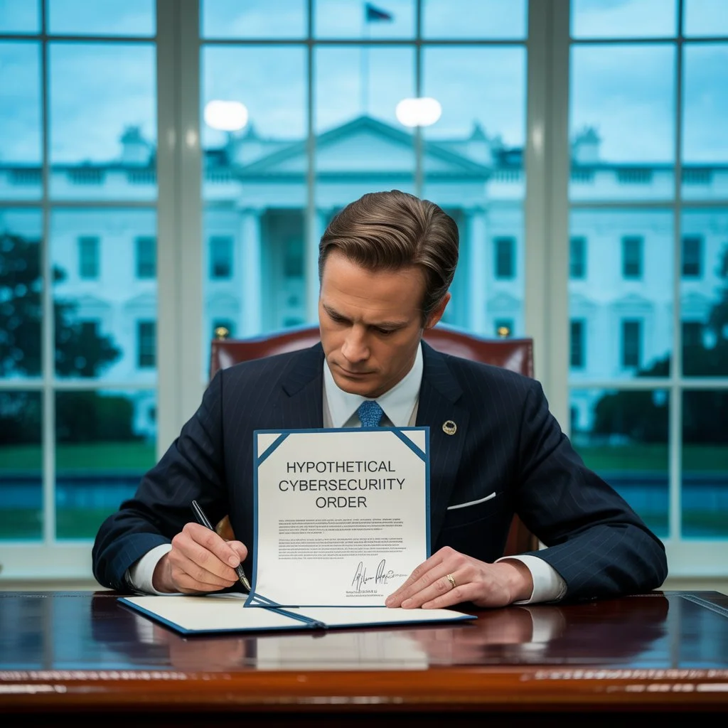 A man wears a formal suit and signs a paper called "Hypothetical Cybersecurity Order" at a desk in an office that looks like the Oval Office, with the White House shown through the window.