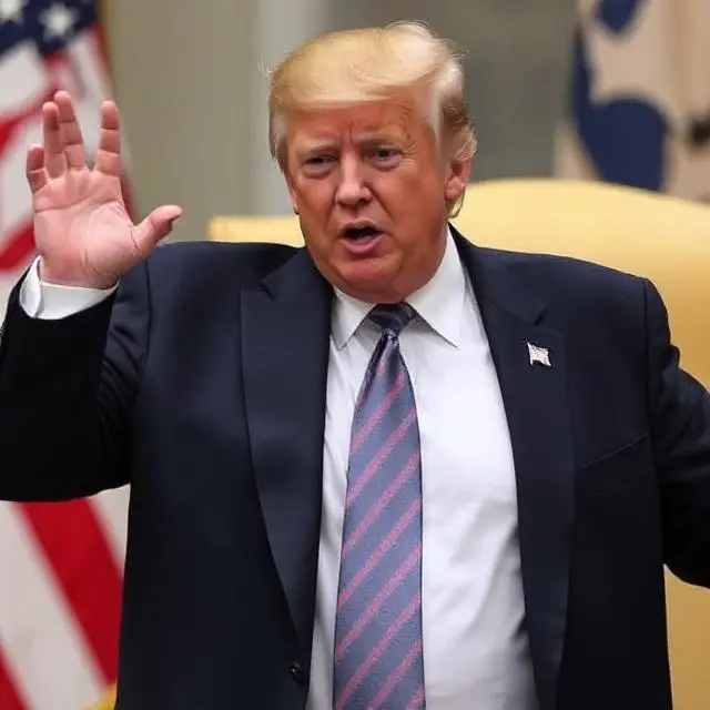 Donald Trump talking with his hands up during an official event, emphasizing the Trump 2026 fundraising plan, with the American flag on the background.
