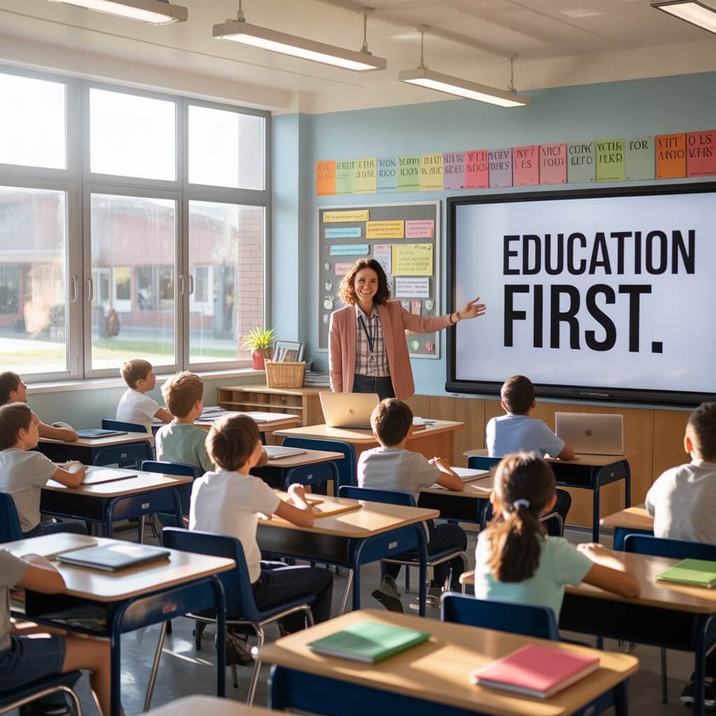 Donald Trump speaking at a school event, representing his education reforms and school choice policies.