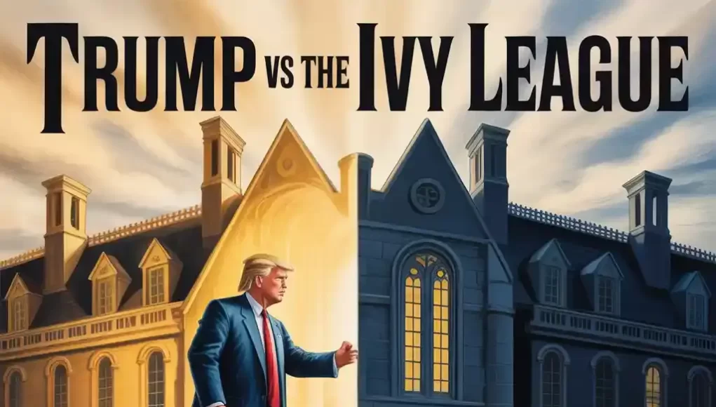 Trump vs the Ivy League Donald Trump is in the doorway of two opposite buildings, which symbolize light and dark as a sign of his ideological conflict with Ivy League schools.