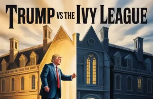 Trump vs the Ivy League: A Power Battle Over Elites, Education, and Ideology Donald Trump is in the doorway of two opposite buildings, which symbolize light and dark as a sign of his ideological conflict with Ivy League schools.