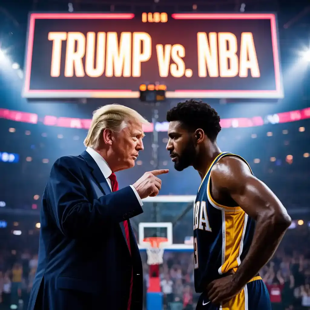 Donald Trump stands face to face with an NBA player in the court with a sign boldly written, TRUMP vs. NBA.