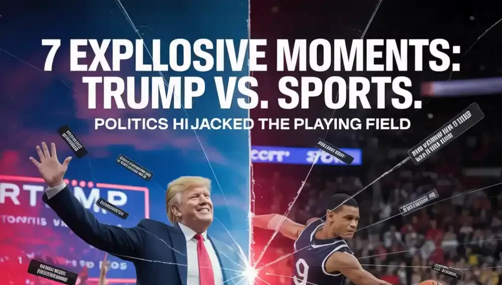 Trump vs. Sports How Politics Hijacked the Playing Field in 2025 Divided image of a basketball player and Donald Trump as a representation of political strife in sports, in the title of the artwork, 7 Explosive Moments: Trump vs. SportsPolitics Hijacked the Playing Field.