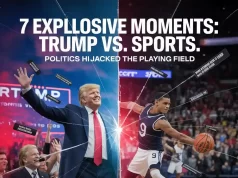 7 Explosive Moments: Trump vs. Sports How Politics Hijacked the Playing Field in 2025 Divided image of a basketball player and Donald Trump as a representation of political strife in sports, in the title of the artwork, 7 Explosive Moments: Trump vs. SportsPolitics Hijacked the Playing Field.