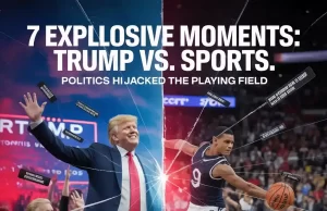 7 Explosive Moments: Trump vs. Sports How Politics Hijacked the Playing Field in 2025 Divided image of a basketball player and Donald Trump as a representation of political strife in sports, in the title of the artwork, 7 Explosive Moments: Trump vs. SportsPolitics Hijacked the Playing Field.