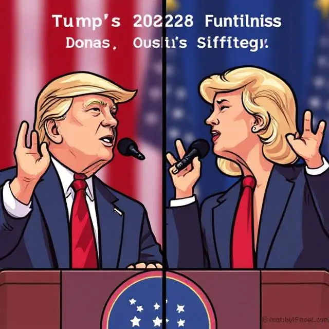 A split-screen cartoon of Donald Trump and a female Democratic challenger arguing on the stage with patriotic backgrounds.