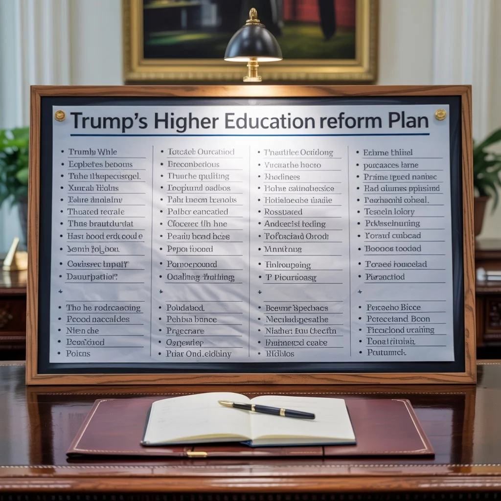 On a desk is a board inscribed with the phrase, Trump Higher Education Reform Plan, and columns of nonsense and jumbled text, as though a fake academic proposal, with a pen and notebook on it.
