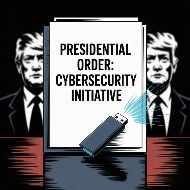 Cybersecurity order concept during the Trump era. Trump issued a cybersecurity order and also gave a USB drive.