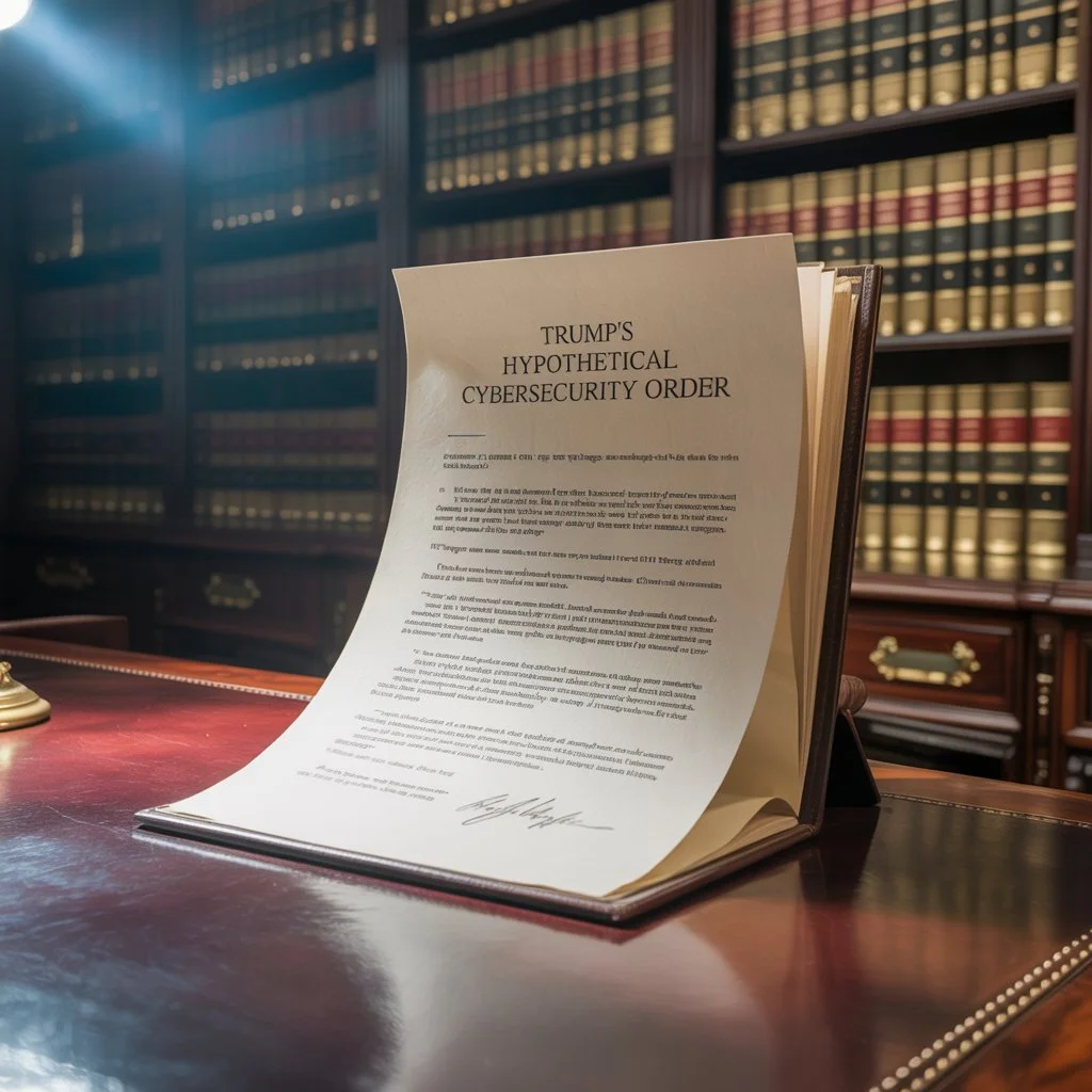 A document called “Trump’s Hypothetical Cybersecurity Order” is displayed on a desk in a law library.