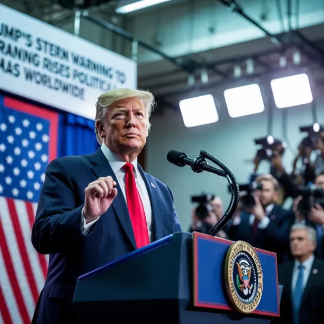 Donald Trump addressing a press conference with a U.S. flag in the background and a banner that says Trump Warning to Iran Triggers Political Fears around the globe.