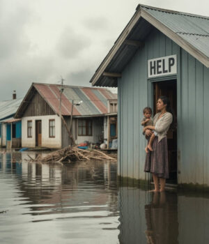 Flooded village A village in Pakistan, a rural area, where people are in the floodwater, and families are going through the aftermath together- this exhibit both the struggle and the power of a community.