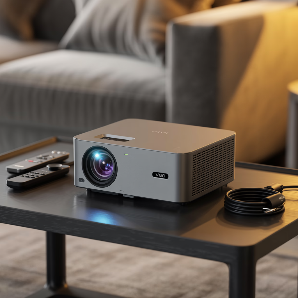 Vivi V60 projector on a table with remote and HDMI cable for home theater use.