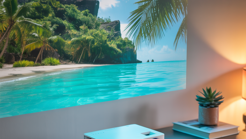 Projector (1) Vivi V60 projector with a beach scene in a home theater.