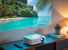 The Ultimate Guide to the Vivi V60 Projector: A Powerful Contender in a Crowded Market Vivi V60 projector with a beach scene in a home theater.