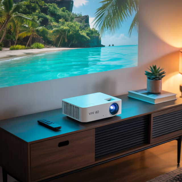 Vivi V60 projector with a beach scene in a home theater.