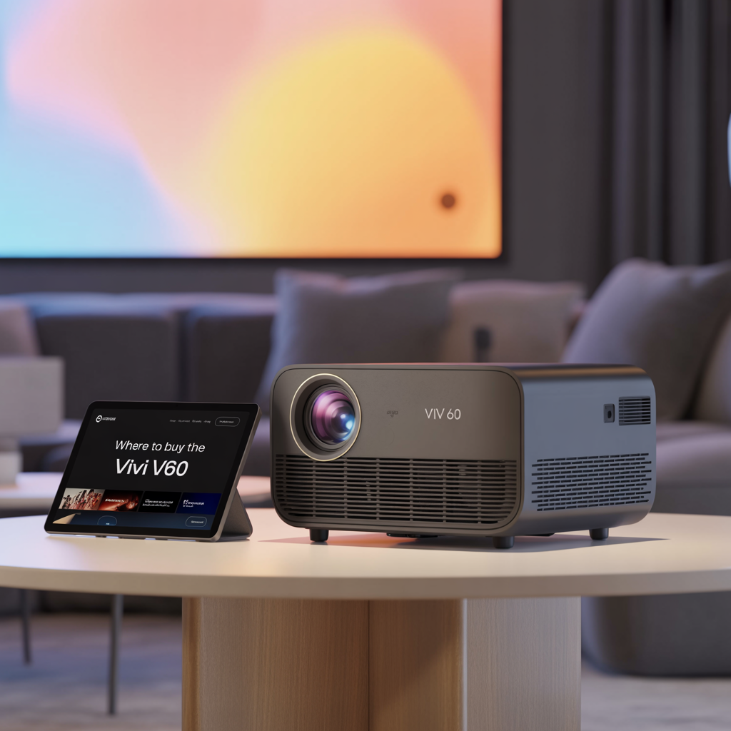 Vivi V60 projector on a table next to a tablet with the information where to purchase the Vivi V60.