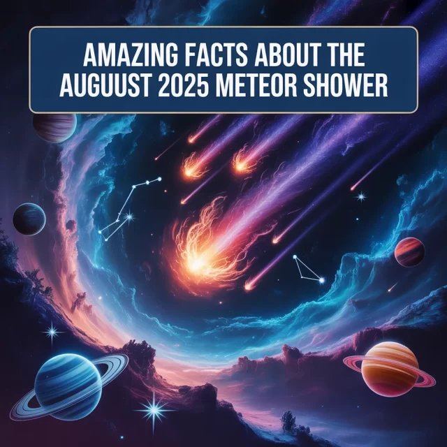 Colorful space picture of planets and shiny meteors, with emphasis on August 2025 Meteor Shower Amazing Facts and Viewing Guide.