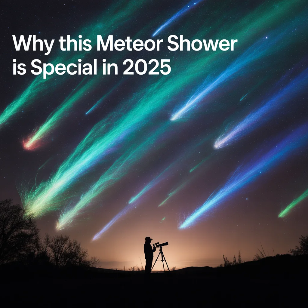 The figure of a person with a telescope under a colorful meteor shower with the text Why this Meteor Shower is Special in 2025.