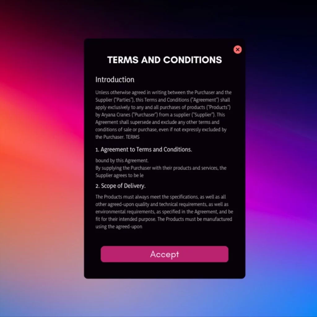 Terms and Conditions pop-up window with accept button on a colorful digital background.